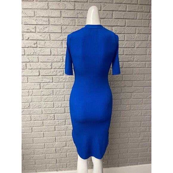 A’Gaci Blue Ribbed High Neck Hi-Low Bodycon Dress Size S - Picture 2 of 7